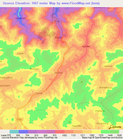 Uzunoz,Turkey Elevation Map