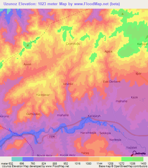 Uzunoz,Turkey Elevation Map