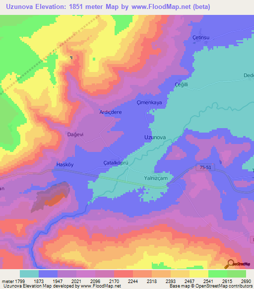 Uzunova,Turkey Elevation Map