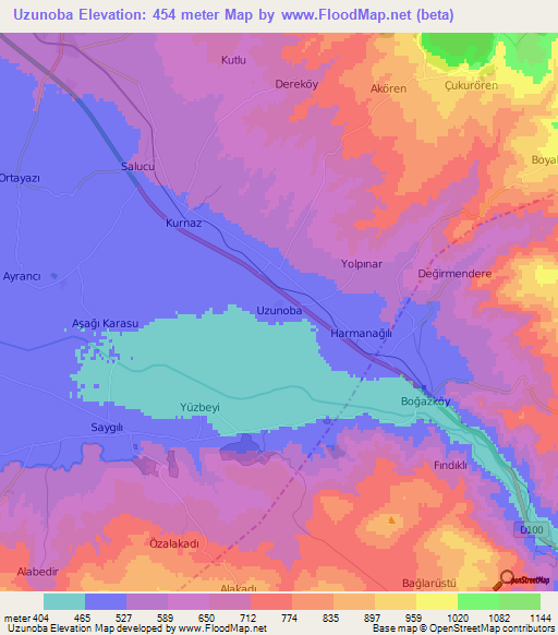 Uzunoba,Turkey Elevation Map