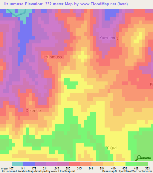 Uzunmusa,Turkey Elevation Map