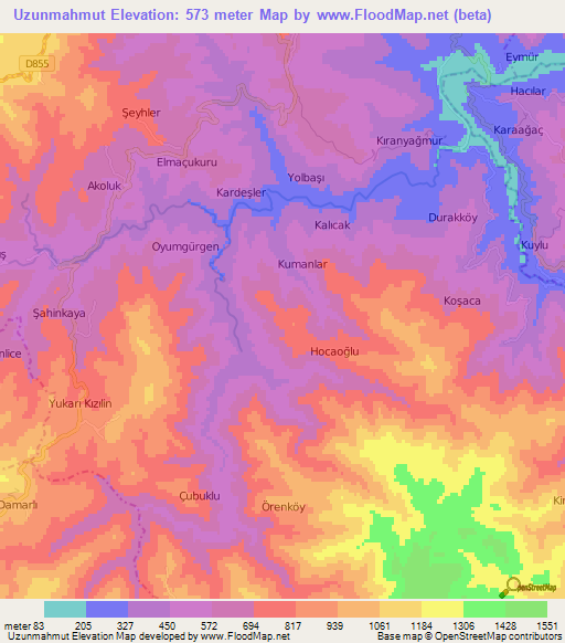 Uzunmahmut,Turkey Elevation Map