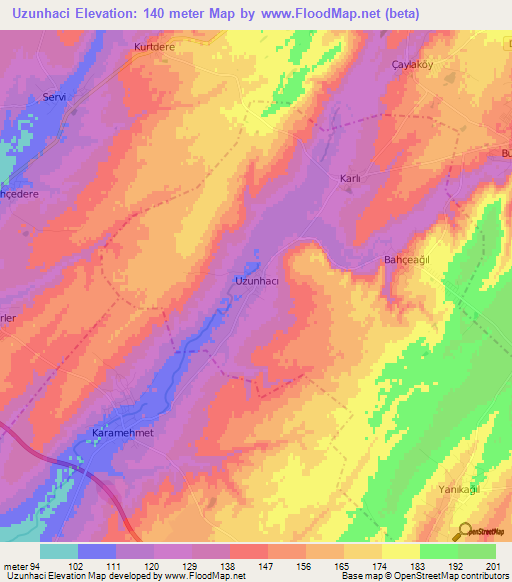 Uzunhaci,Turkey Elevation Map