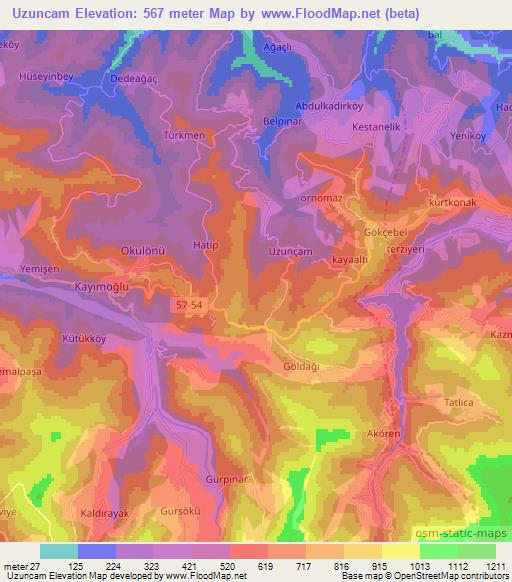 Uzuncam,Turkey Elevation Map