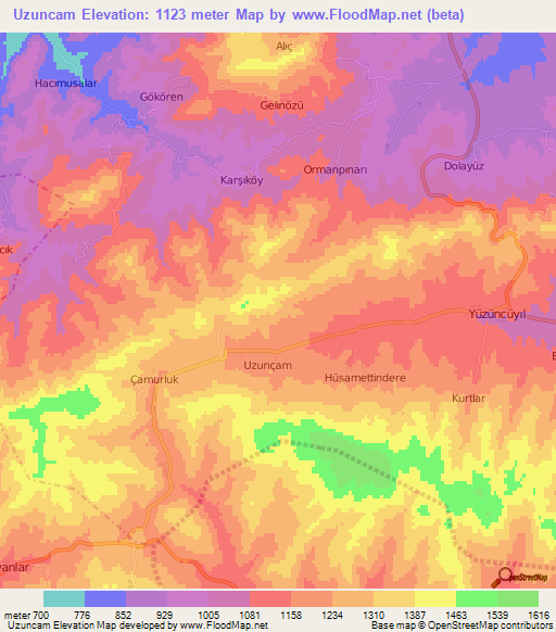 Uzuncam,Turkey Elevation Map