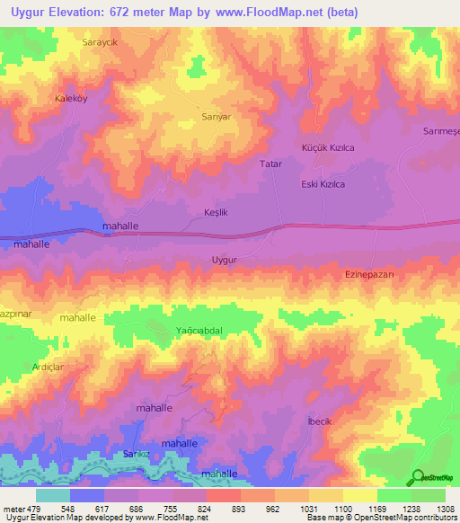 Uygur,Turkey Elevation Map