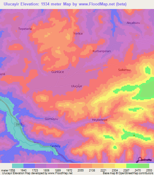 Ulucayir,Turkey Elevation Map