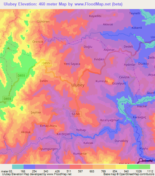 Ulubey,Turkey Elevation Map