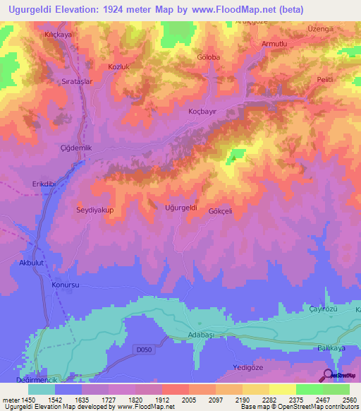 Ugurgeldi,Turkey Elevation Map