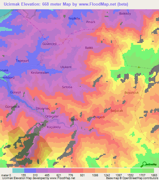 Ucirmak,Turkey Elevation Map