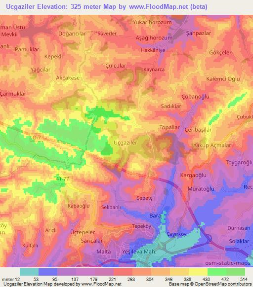 Ucgaziler,Turkey Elevation Map