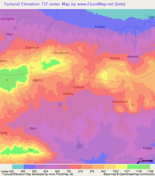 Tuzlucal,Turkey Elevation Map