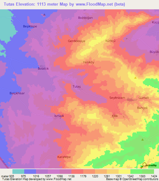 Tutas,Turkey Elevation Map