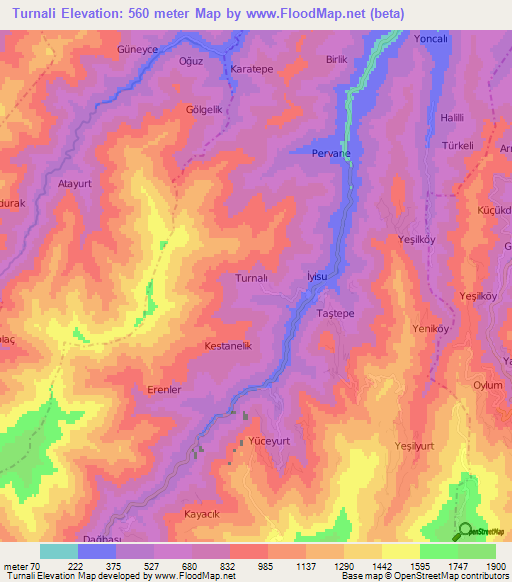 Turnali,Turkey Elevation Map