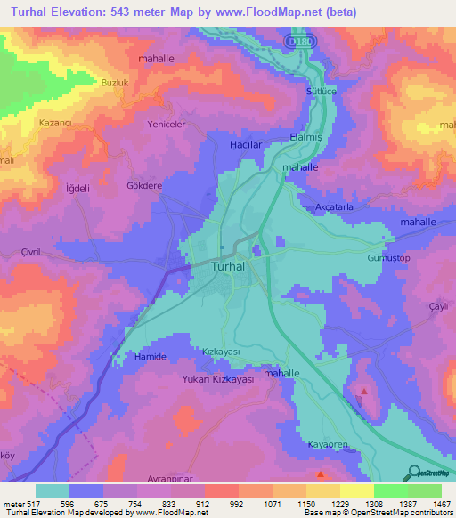 Turhal,Turkey Elevation Map