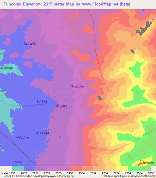 Tuncoluk,Turkey Elevation Map