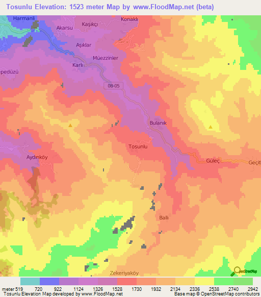 Tosunlu,Turkey Elevation Map