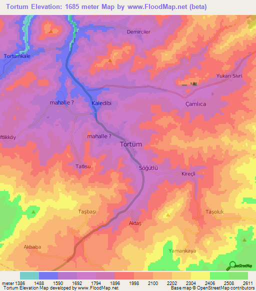 Tortum,Turkey Elevation Map