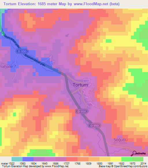 Tortum,Turkey Elevation Map