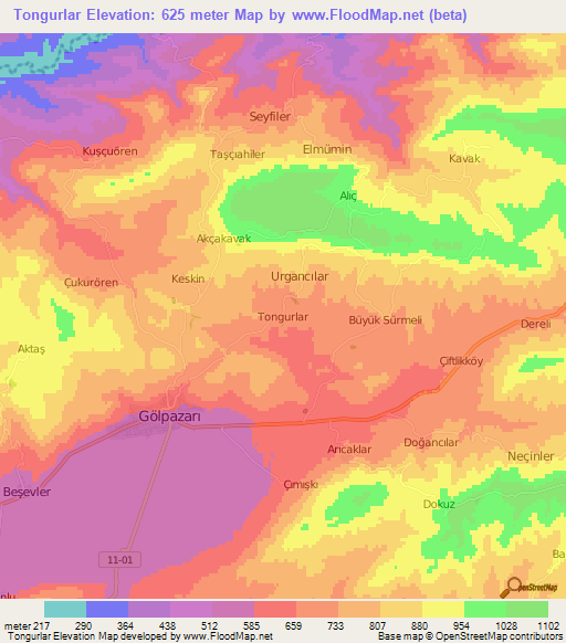 Tongurlar,Turkey Elevation Map