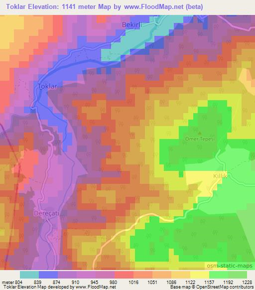 Toklar,Turkey Elevation Map