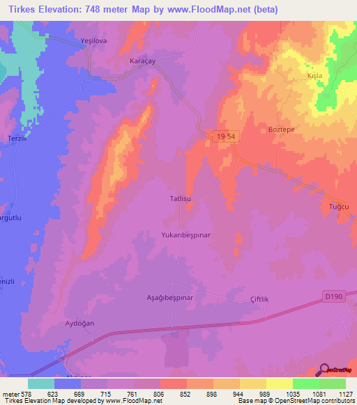 Tirkes,Turkey Elevation Map