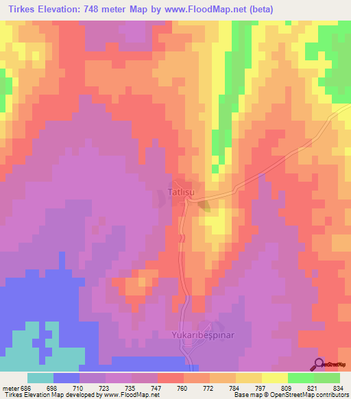 Tirkes,Turkey Elevation Map