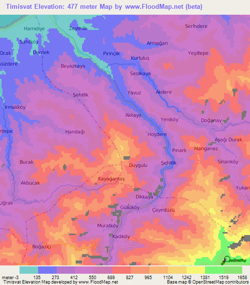 Timisvat,Turkey Elevation Map