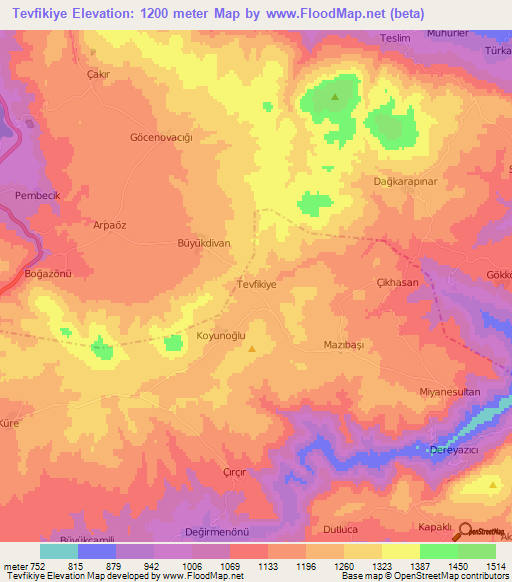 Tevfikiye,Turkey Elevation Map