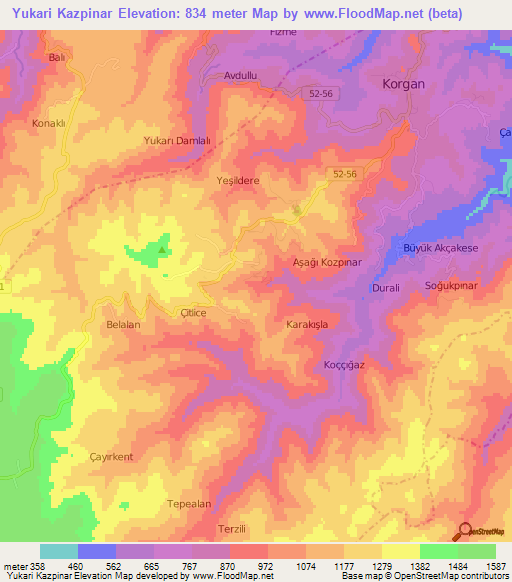 Yukari Kazpinar,Turkey Elevation Map