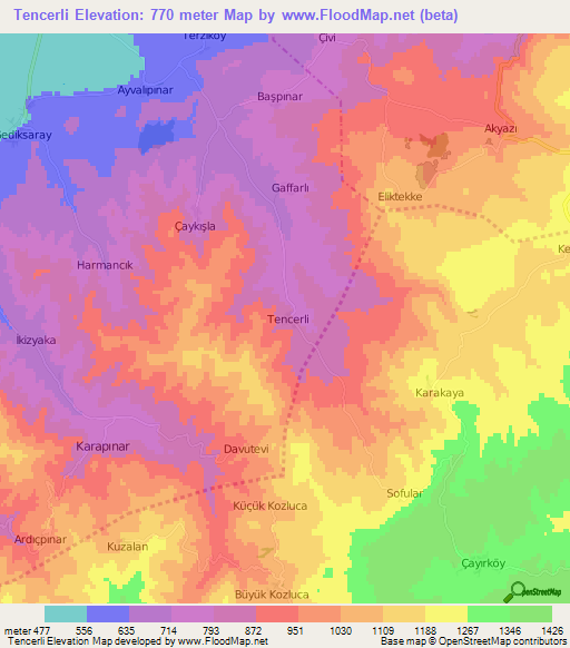 Tencerli,Turkey Elevation Map