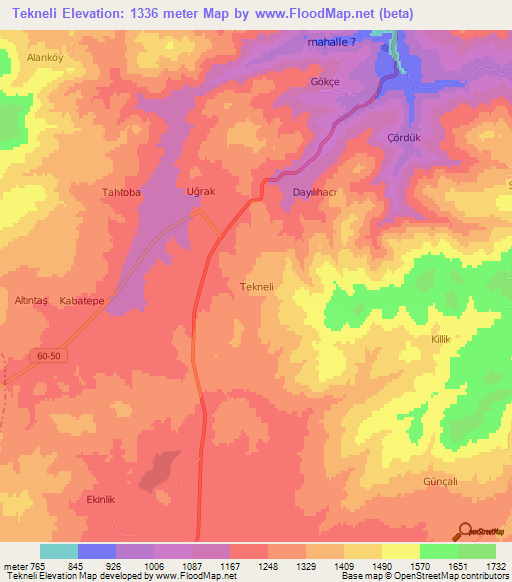 Tekneli,Turkey Elevation Map