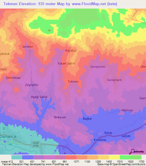 Tekmen,Turkey Elevation Map