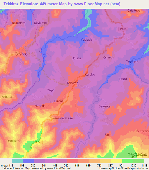 Tekkiraz,Turkey Elevation Map