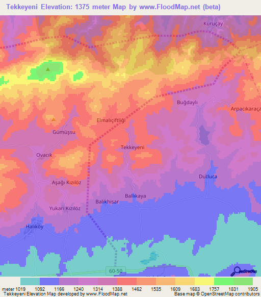 Tekkeyeni,Turkey Elevation Map