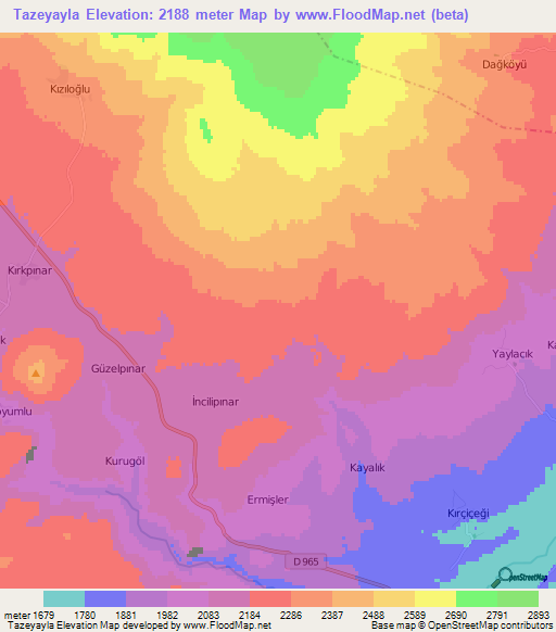 Tazeyayla,Turkey Elevation Map