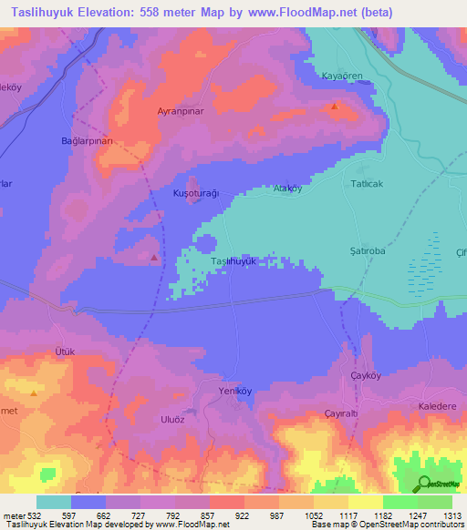 Taslihuyuk,Turkey Elevation Map