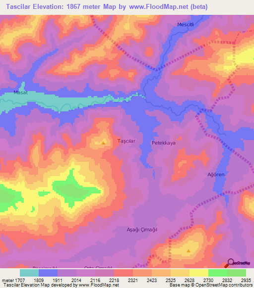 Tascilar,Turkey Elevation Map