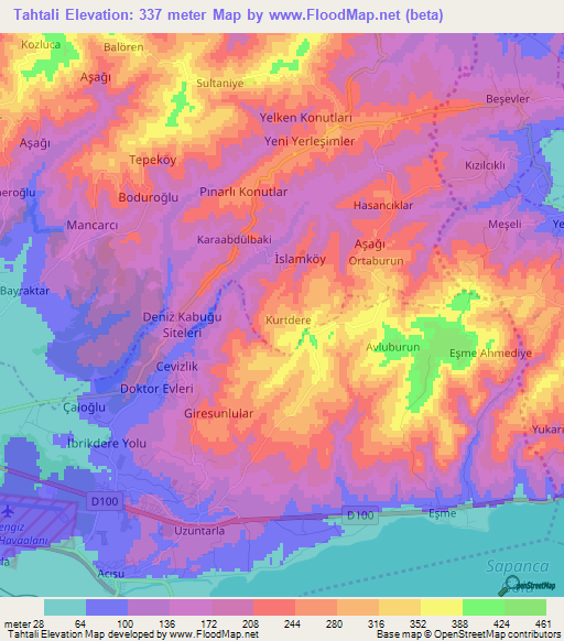 Tahtali,Turkey Elevation Map