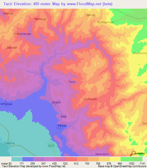 Tacir,Turkey Elevation Map