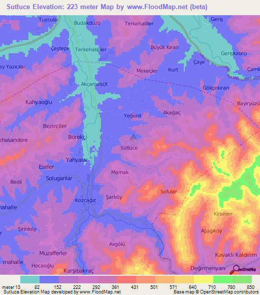 Sutluce,Turkey Elevation Map