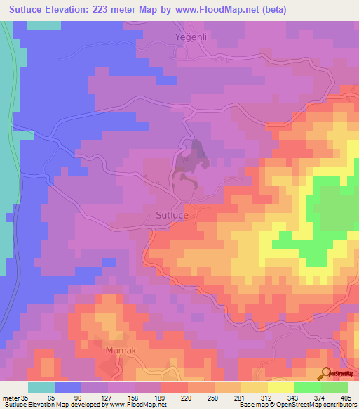 Sutluce,Turkey Elevation Map