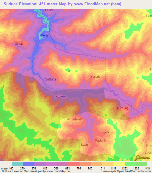 Sutluce,Turkey Elevation Map