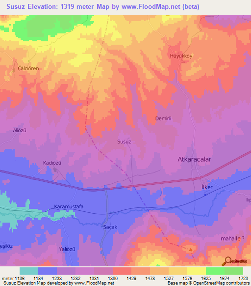 Susuz,Turkey Elevation Map