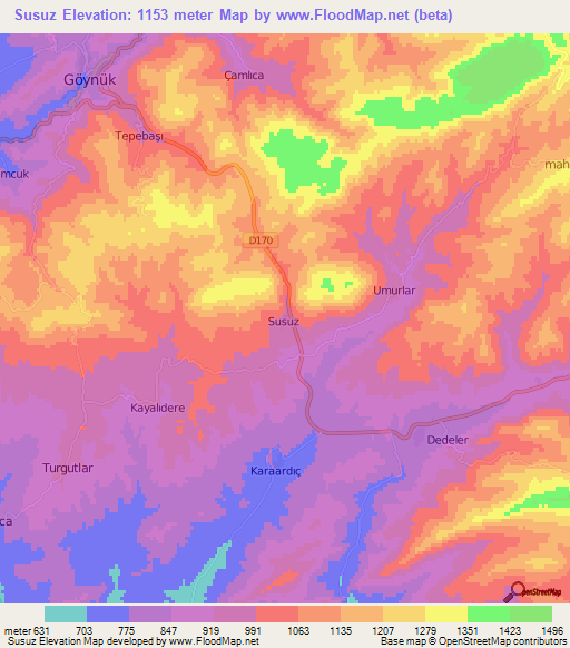 Susuz,Turkey Elevation Map