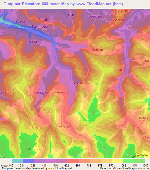 Gunpinar,Turkey Elevation Map