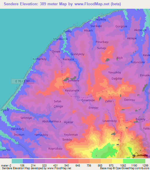 Sendere,Turkey Elevation Map