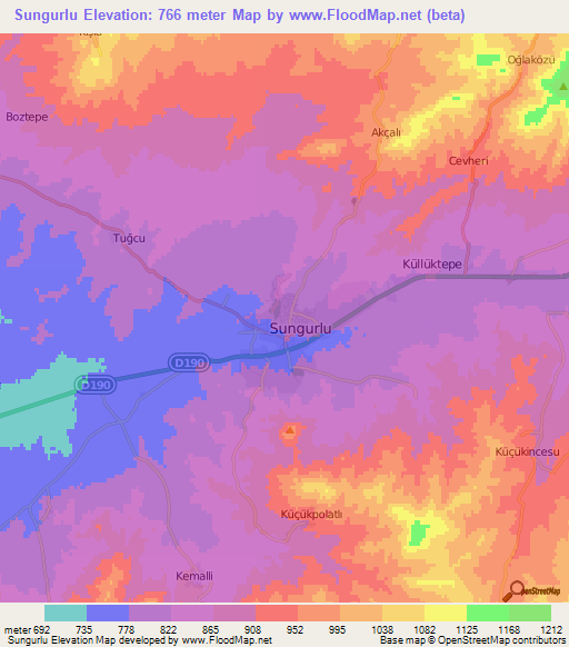 Sungurlu,Turkey Elevation Map