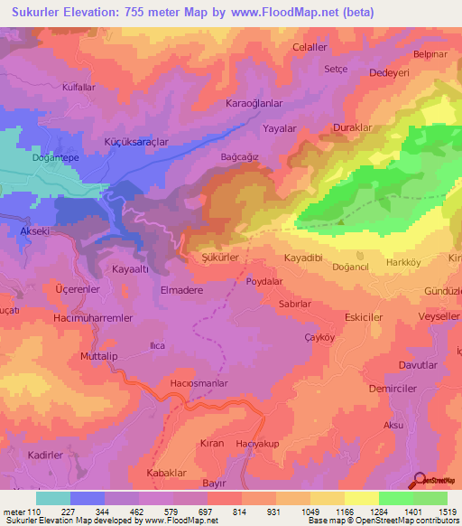 Sukurler,Turkey Elevation Map