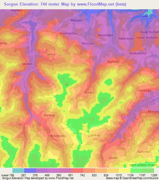 Sorgun,Turkey Elevation Map